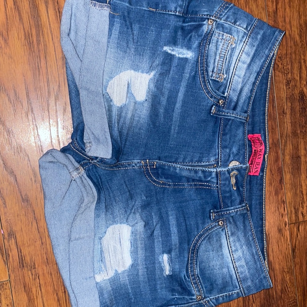 Blue ripped shorts, SMALL, big on waist.